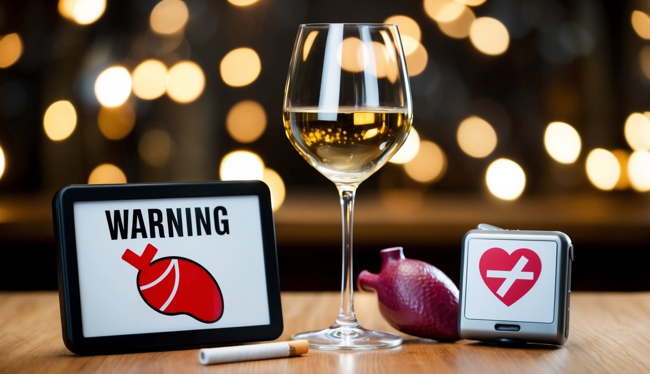 A wine glass surrounded by a warning sign, a heart rate monitor, a liver, and a crossed-out cigarette