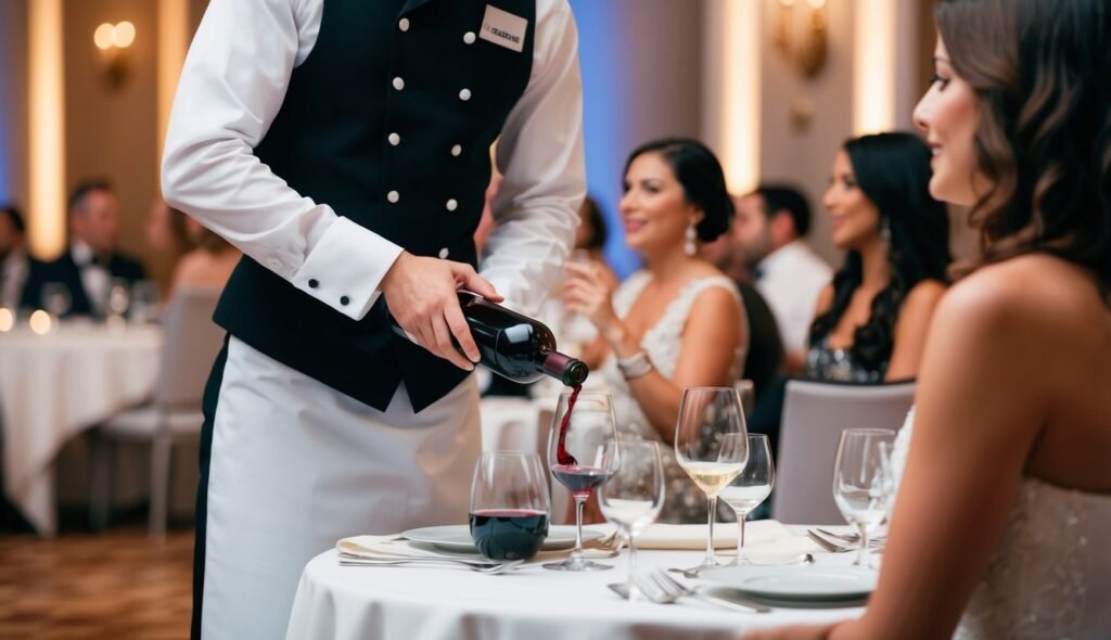 Waiter pouring red wine into a glass at a formal dinner party