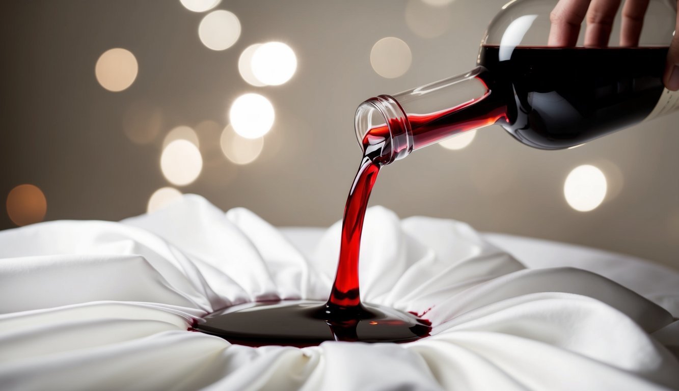 Red wine spills onto a pristine white dress, creating a dramatic contrast