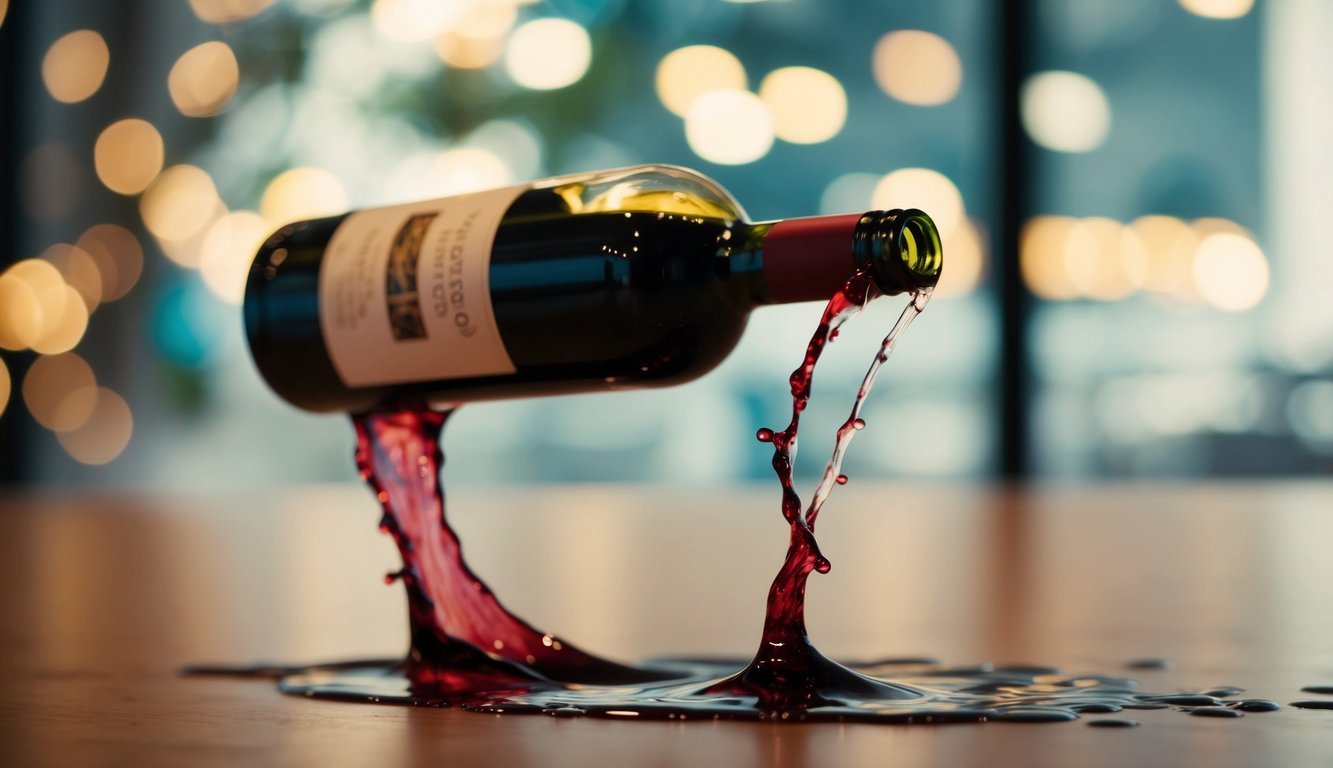 A bottle of red wine spills, creating a shower of liquid splashing onto the surrounding area