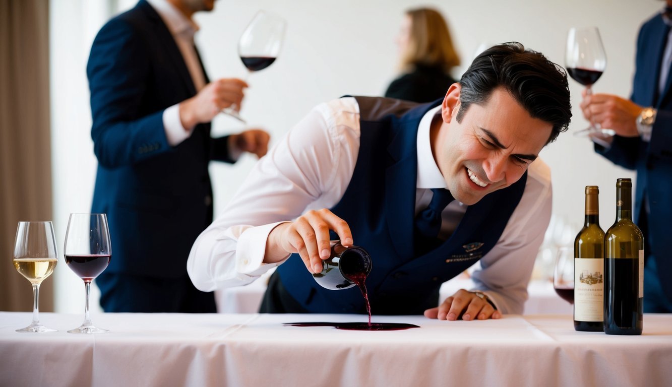 A sommelier grimaces as wine spills on a white tablecloth during a tense tasting event