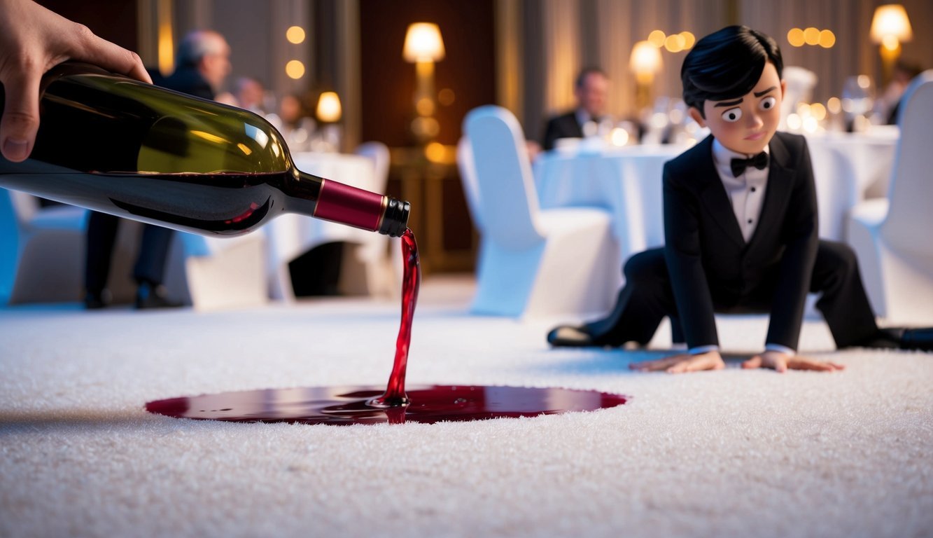 A character spills red wine on a white carpet during a fancy dinner party, causing a moment of embarrassment and awkwardness