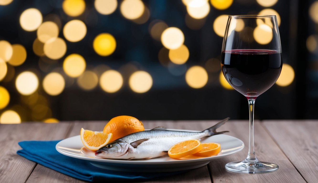 Plate of fish and oranges with a glass of red wine