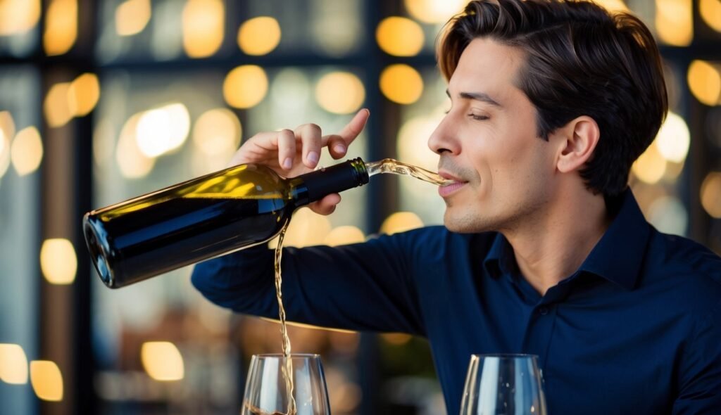 Man drinking wine directly from the bottle, pouring into glasses