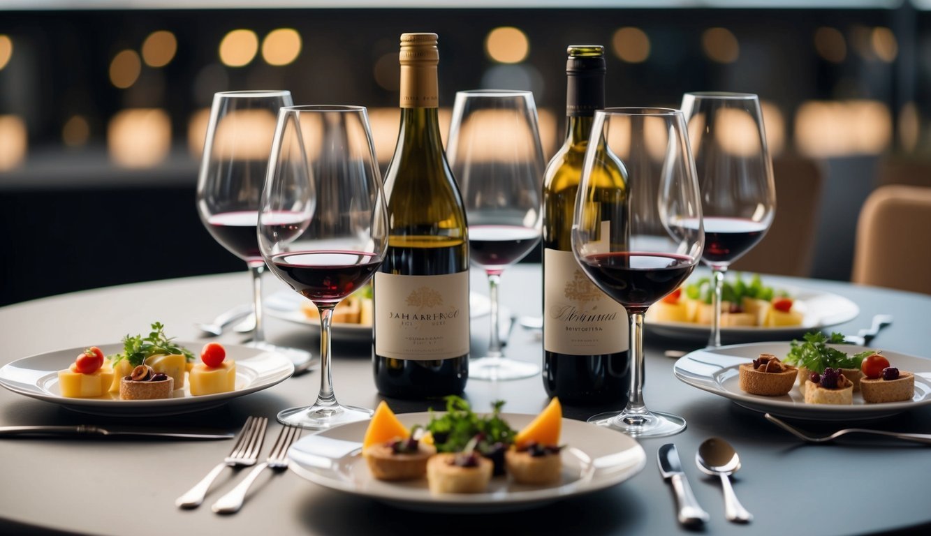 Table set for dinner with wine bottles, glasses, and appetizers