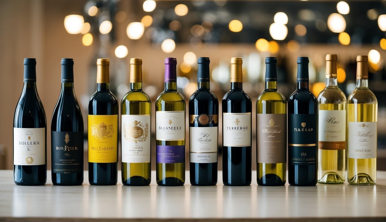 A row of various wine bottles on a wooden surface