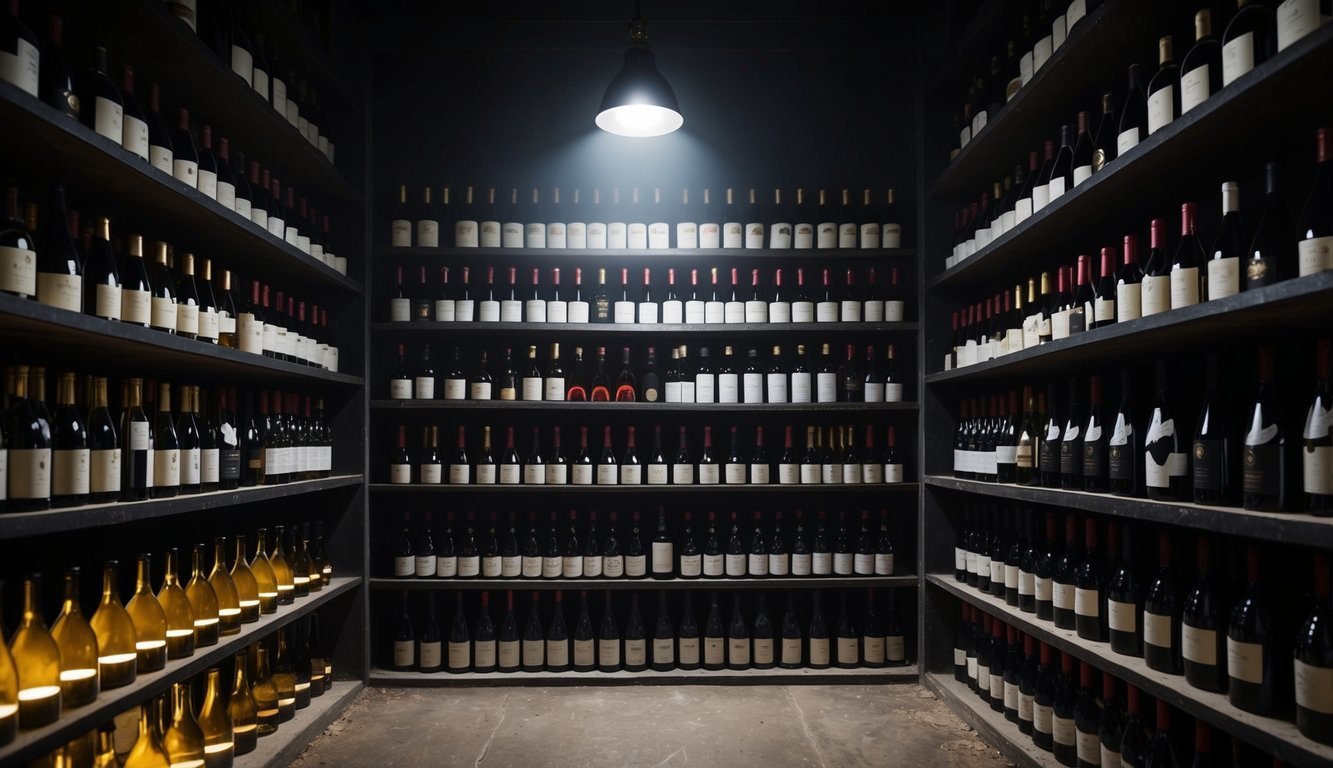 A dimly lit wine cellar with rows of dusty bottles, a single spotlight illuminating an ominous 18 Crimes Shiraz among the 10 best and worst wines