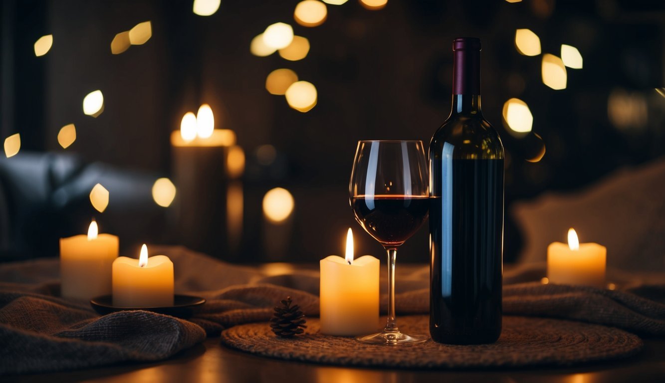 A bottle of wine with a glass, surrounded by dim candlelight and a cozy setting