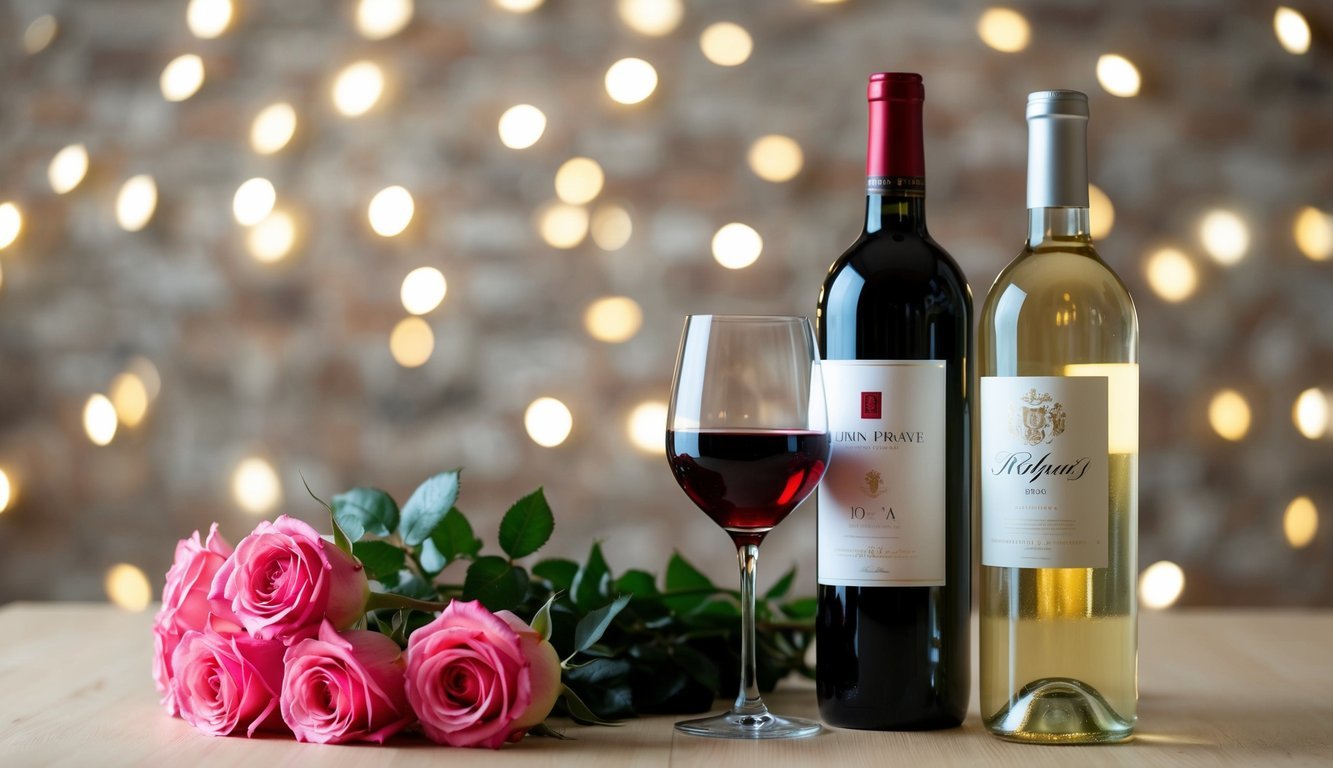 A table set with a bottle of red and a bottle of white wine, surrounded by blooming roses