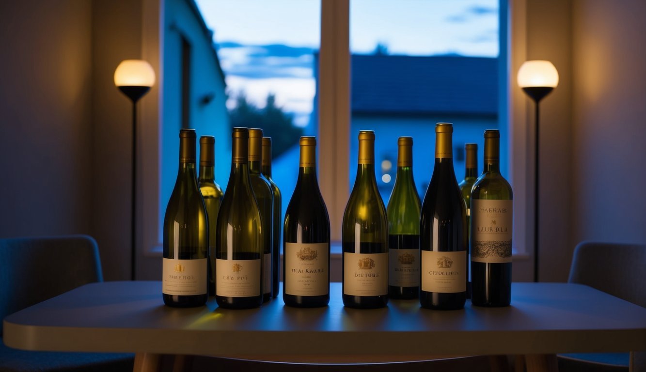 A dimly lit room with a table holding 10 bottles of wine, some half-empty and others untouched.</p><p>A sense of melancholy fills the air as the evening sun sets outside