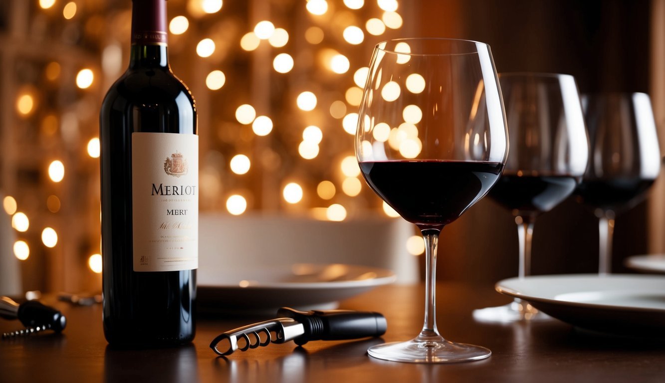 A bottle of Merlot sits on a table, surrounded by wine glasses and a corkscrew.</p><p>A warm, inviting atmosphere suggests a romantic evening