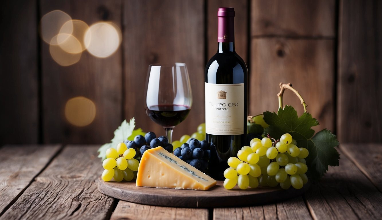 A wine bottle with a wedge of cheese on a rustic wooden table, surrounded by grapes and a wine glass