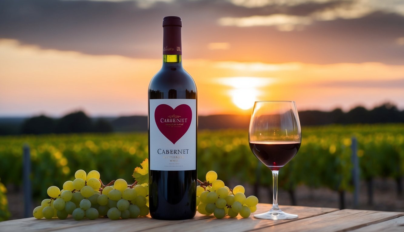 A bottle of Cabernet wine with a heart-shaped label surrounded by vineyards and a romantic sunset