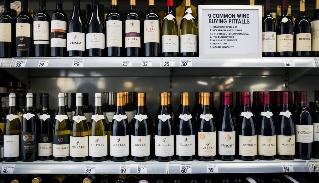 Wine bottles on shelves in a store, with a sign about buying pitfalls