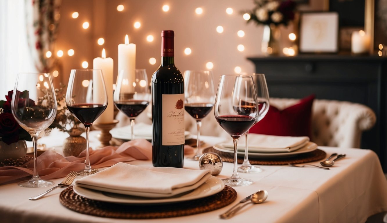 A cozy table set with wine glasses and a bottle, surrounded by romantic decor