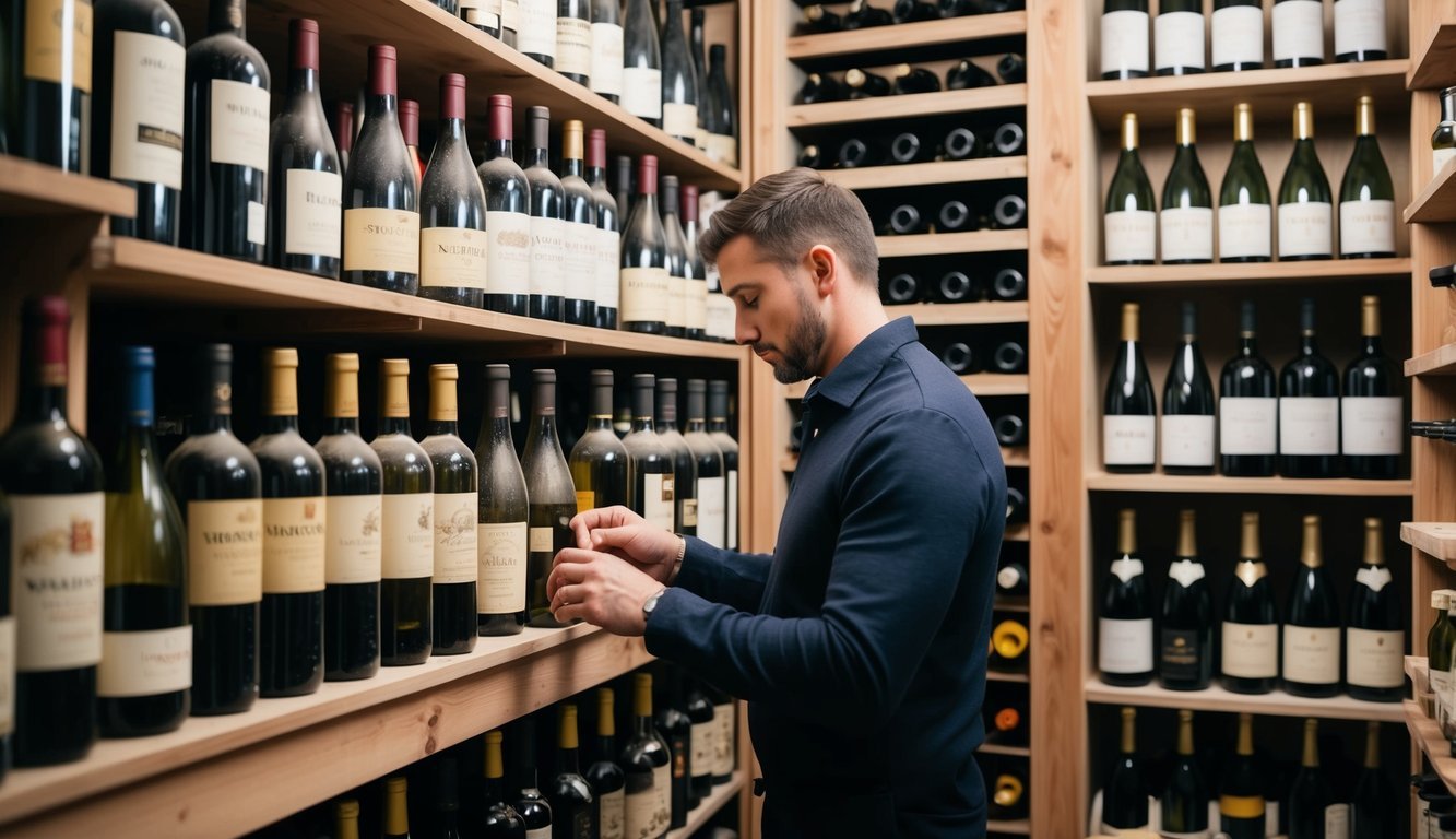 A cluttered wine cellar with shelves of dusty bottles from various years, a person carefully inspecting labels and searching for top vintages