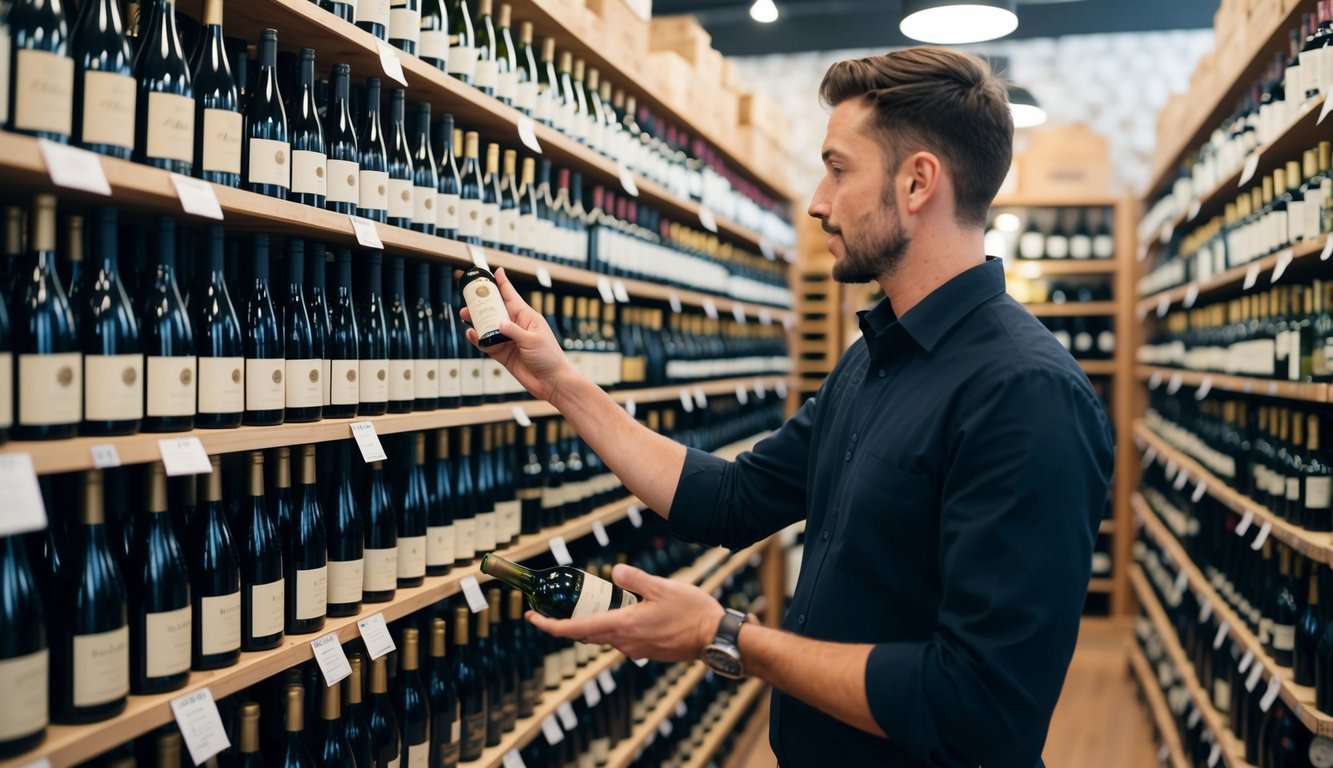 A person browsing shelves of wine bottles, carefully inspecting labels and asking questions to an employee at a reputable wine shop