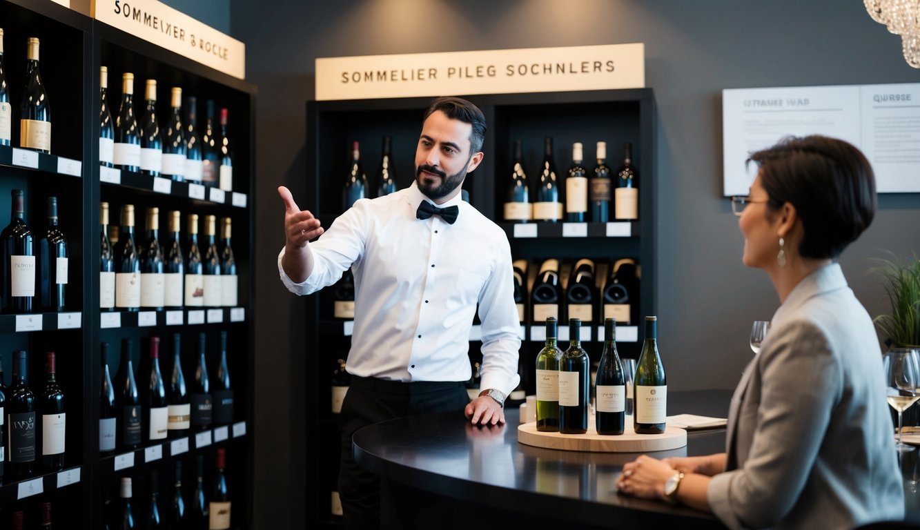 A sommelier gestures towards various wine bottles, while a customer listens attentively, surrounded by shelves of wine and informational signage