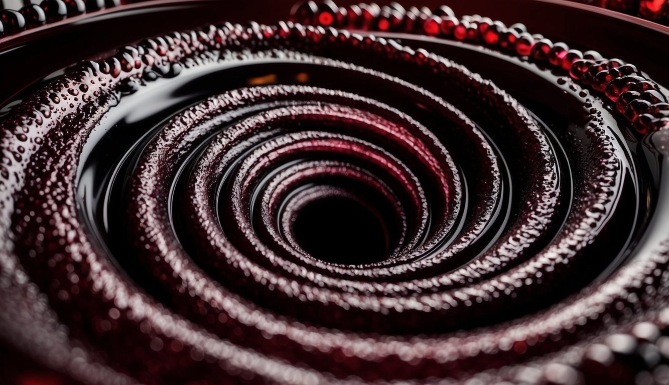 Swirling, dark red spiral with a textured surface and a black center