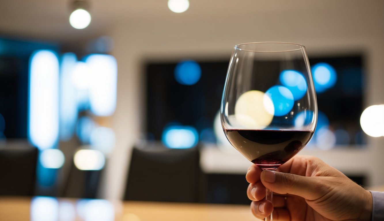 A hand holding a glass of wine, observing its color and clarity under a bright light