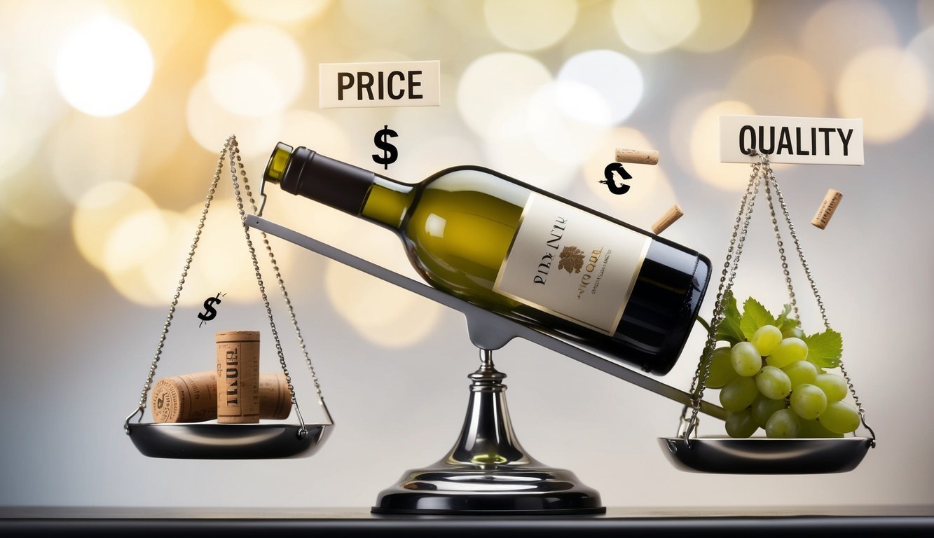 A wine bottle teetering on a scale, with one side labeled "price" and the other "quality." Nine pitfalls represented by broken corks, wilted grapes, and other symbols litter the background