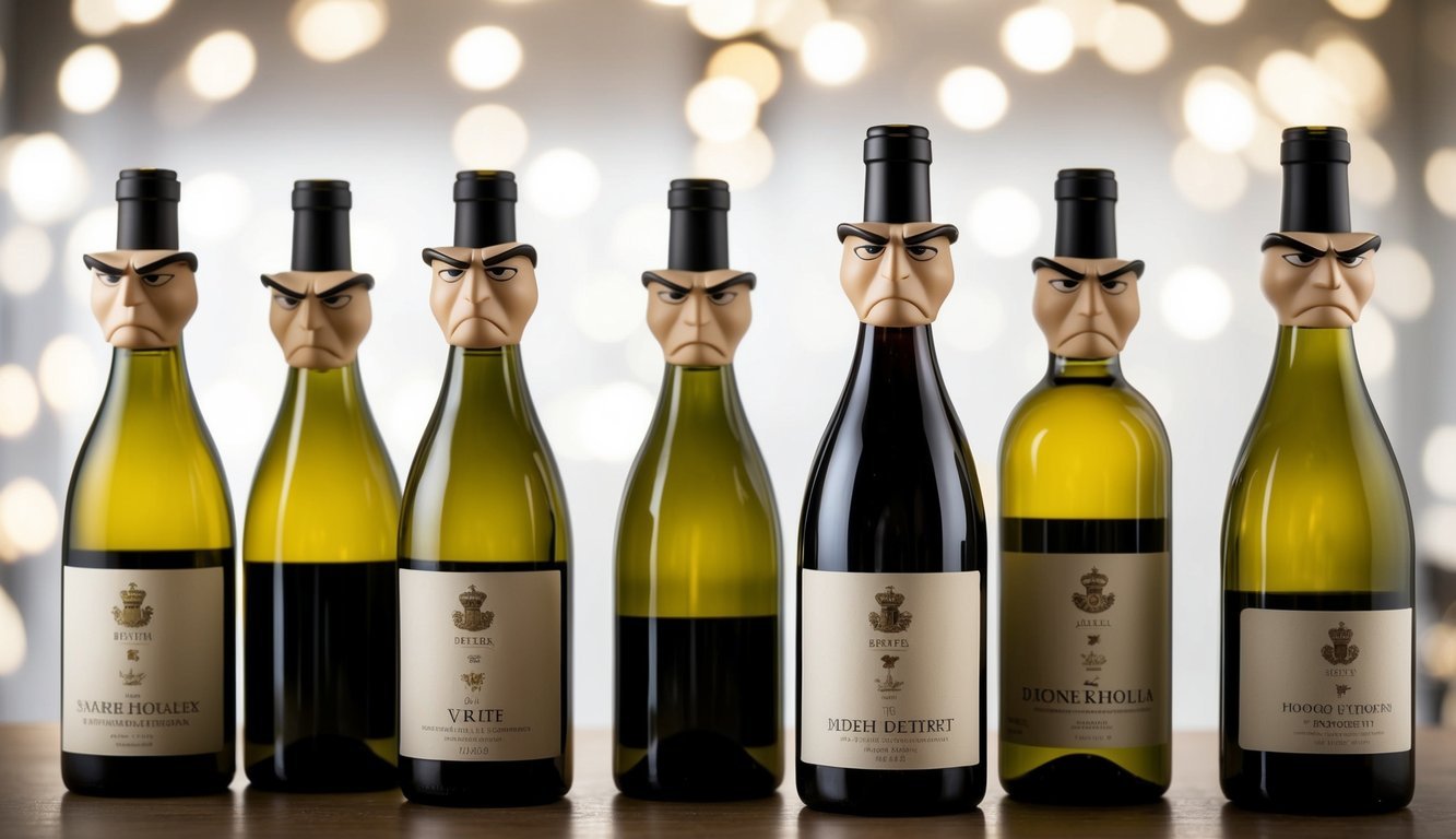 A collection of wine bottles with stern, judgmental expressions, as if silently judging the viewer