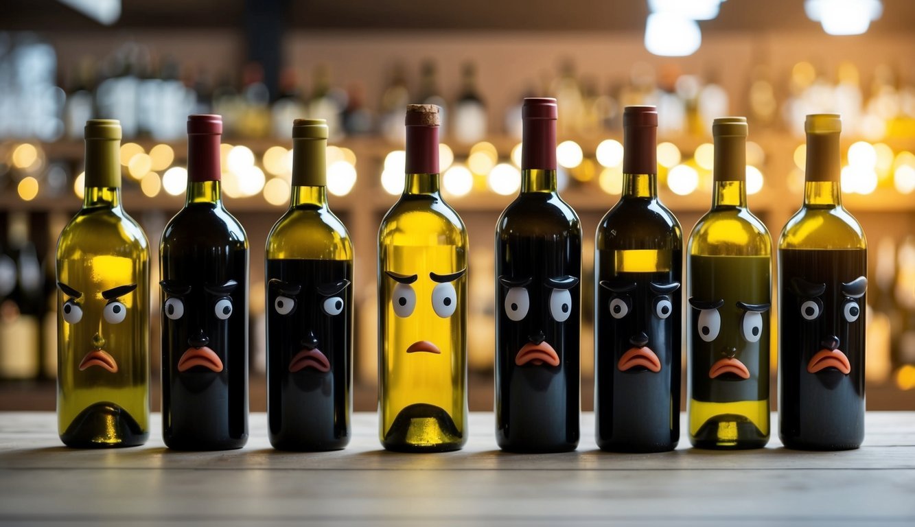 A row of vintage wine bottles with judgmental facial expressions, casting disapproving looks at the viewer