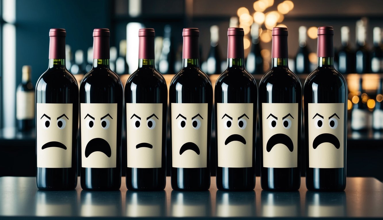 A group of vintage wine bottles with stern, disapproving expressions