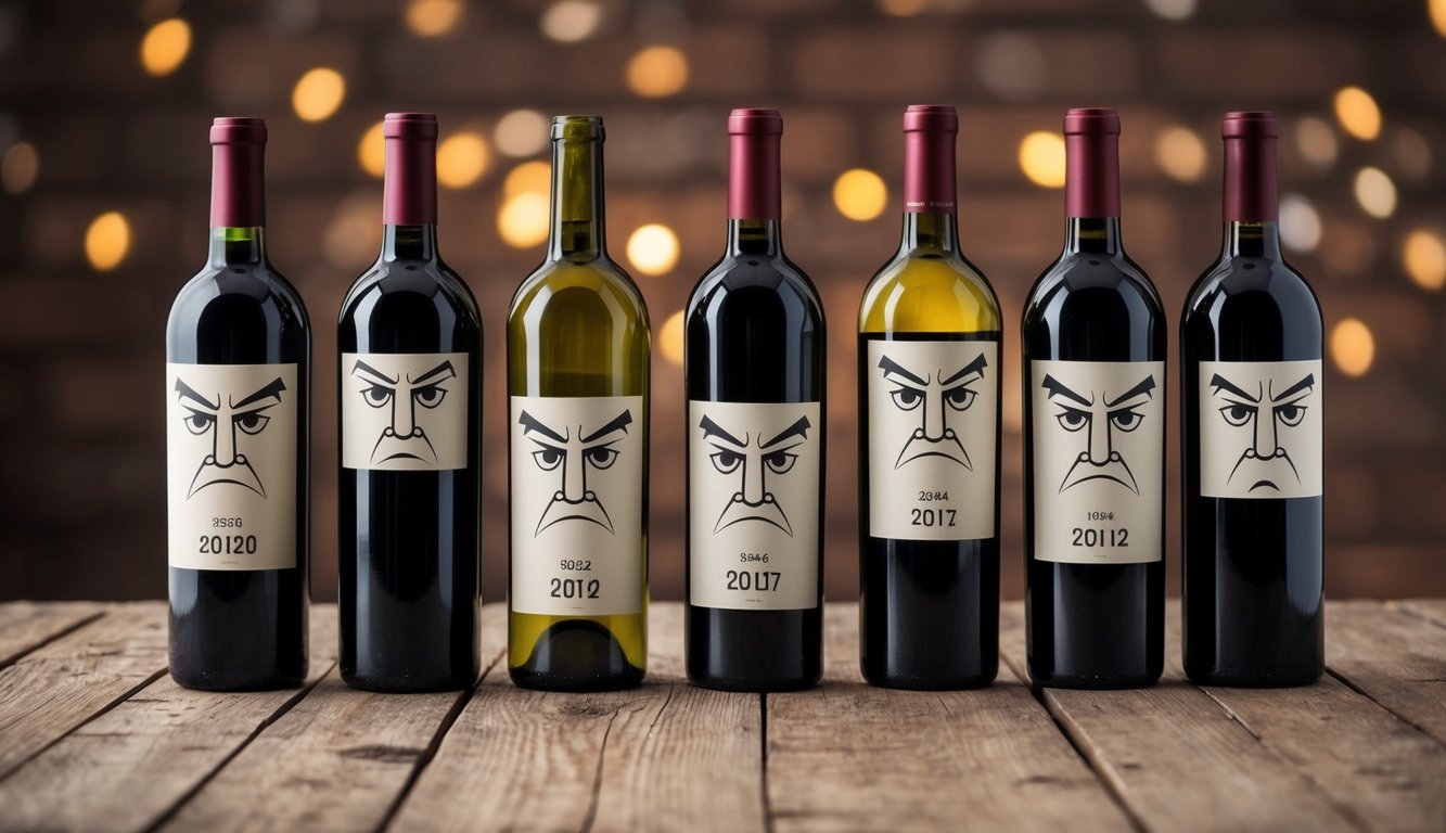 A row of wine bottles with disapproving facial expressions, each one seemingly judging the viewer with raised eyebrows and pursed lips