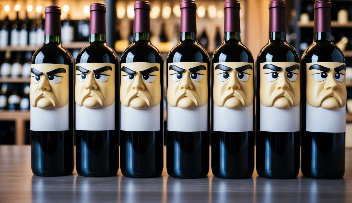 A group of wine bottles with judgmental expressions and raised eyebrows, surrounded by dim lighting and a reflective surface