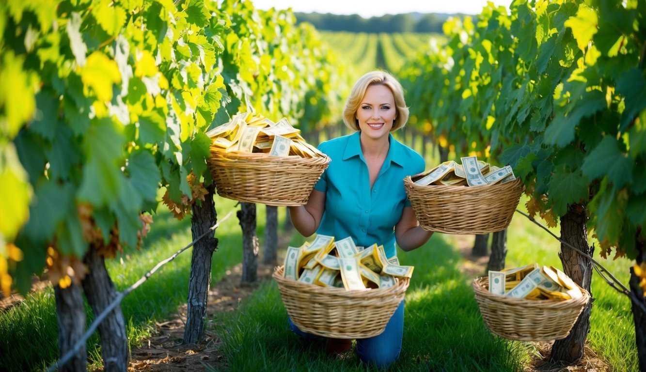 Woman in vineyard with baskets filled with money, smiling