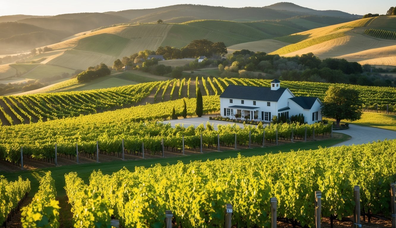 Rolling vineyard hills bathed in golden sunlight, dotted with lush green grapevines.</p><p>A quaint winery nestled among the picturesque landscape, exuding a sense of timeless charm and financial success