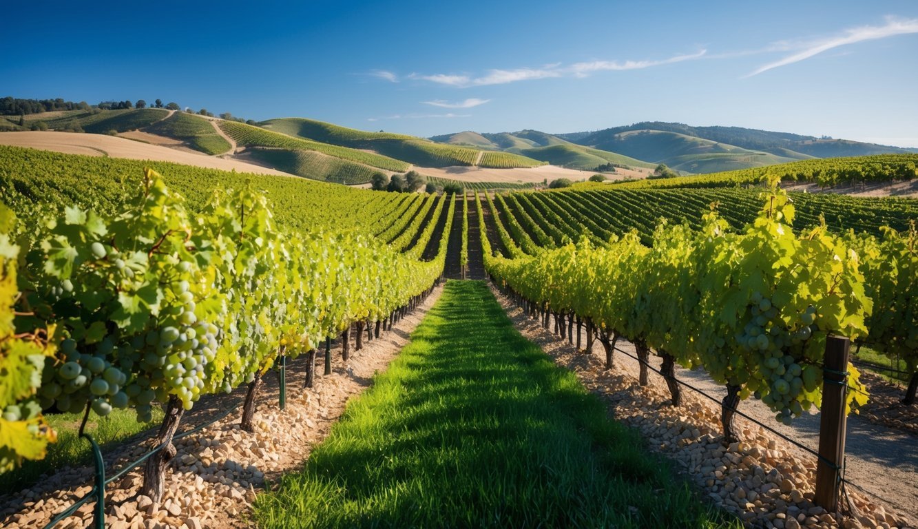 Lush vineyards in Napa Valley, with rows of golden grapes basking in the sunlight, surrounded by rolling hills and a clear blue sky