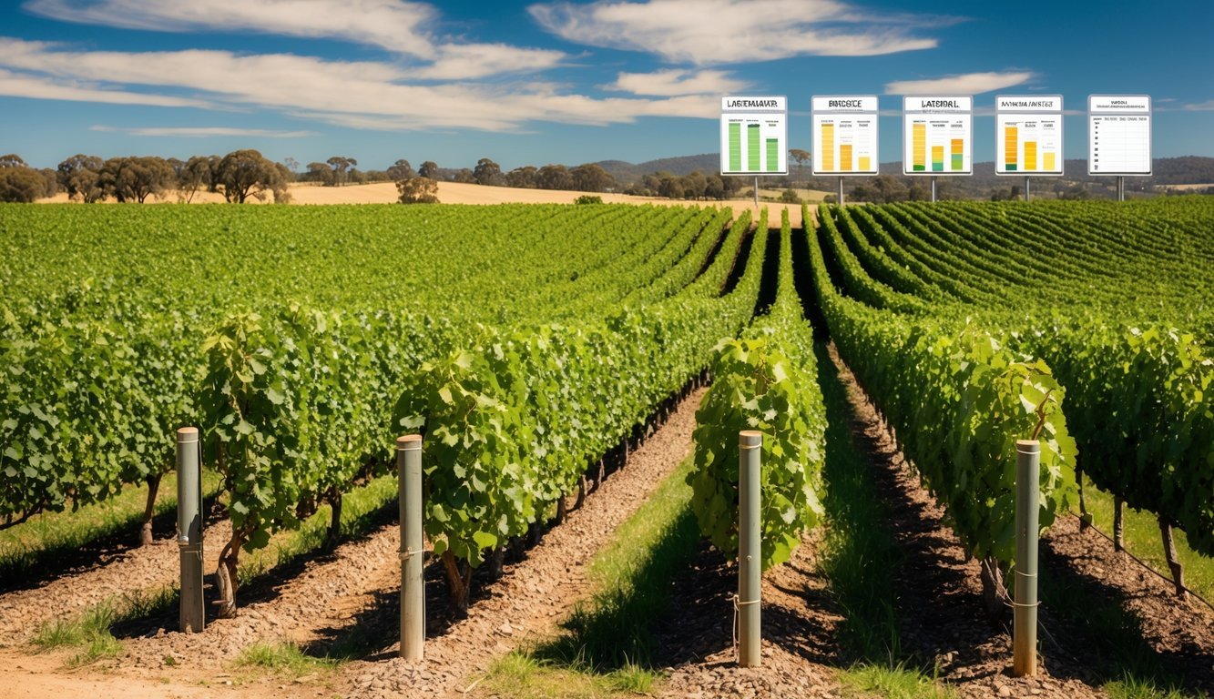 Vineyards in Barossa Valley, Australia, with rows of lush, ripe Shiraz grapes.</p><p>Wineries' cash flow charts in background