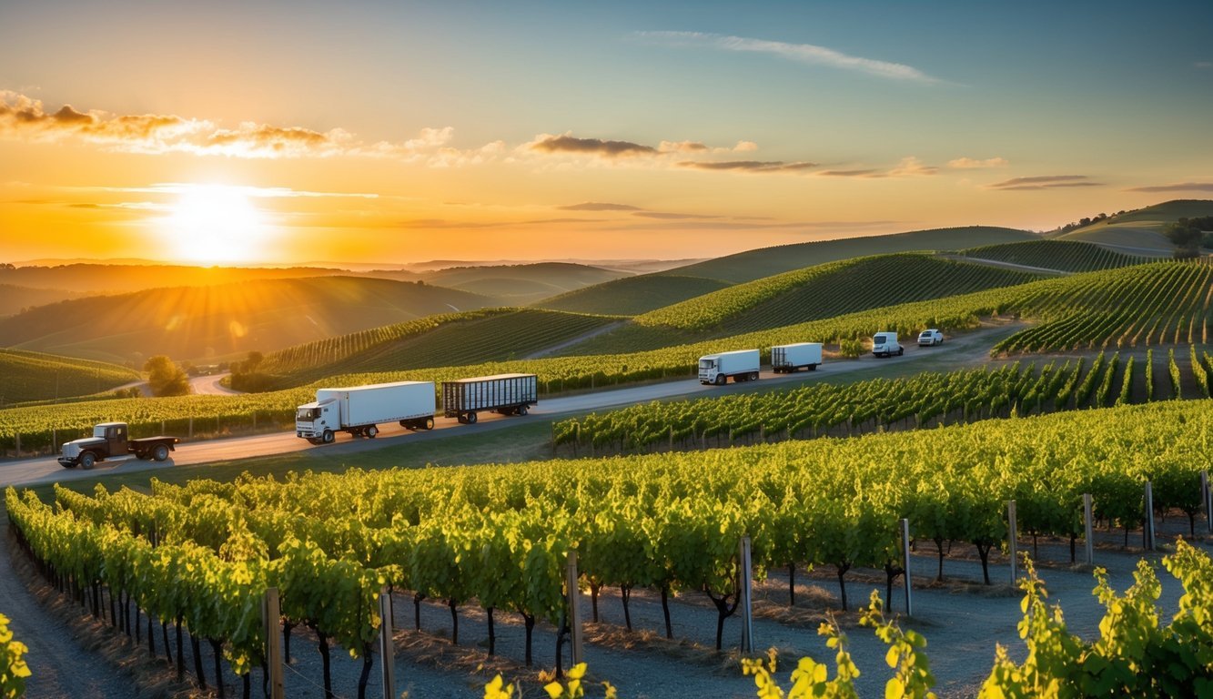 Vineyards sprawl across rolling hills, basking in the golden glow of the setting sun.</p><p>Tourists flock to tasting rooms, while trucks haul crates of grapes to bustling wineries