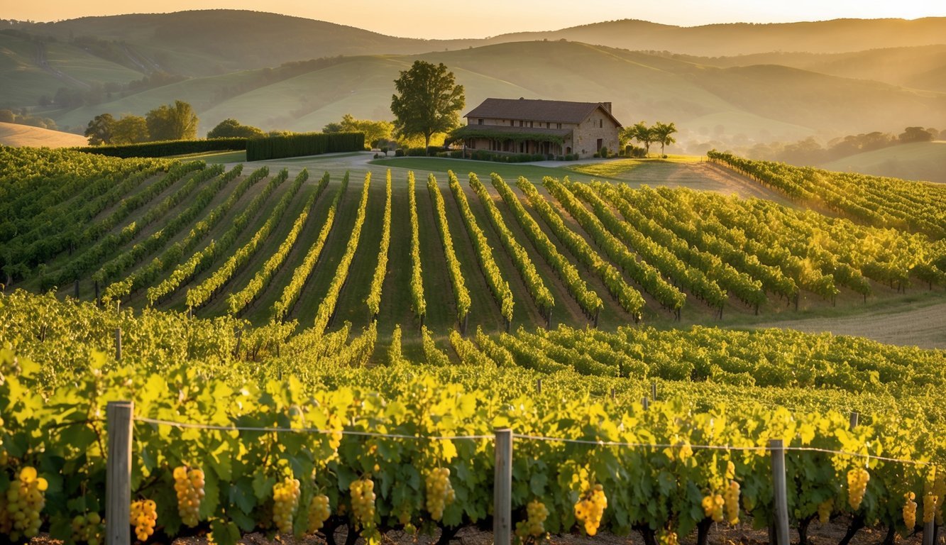 Vineyards sprawl across rolling hills, basking in golden sunlight.</p><p>Grapes hang heavy on the vines, promising a bountiful harvest.</p><p>A rustic winery overlooks the picturesque scene, hinting at the lucrative business of wine production