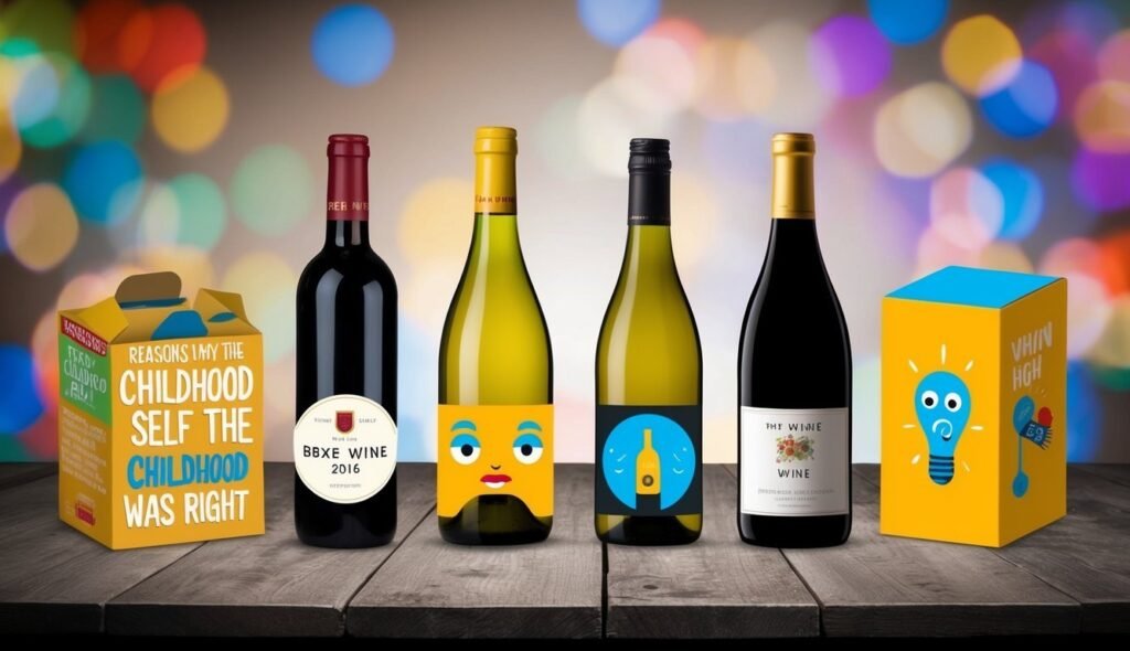 Wine bottles and boxes with humorous labels on a wooden surface