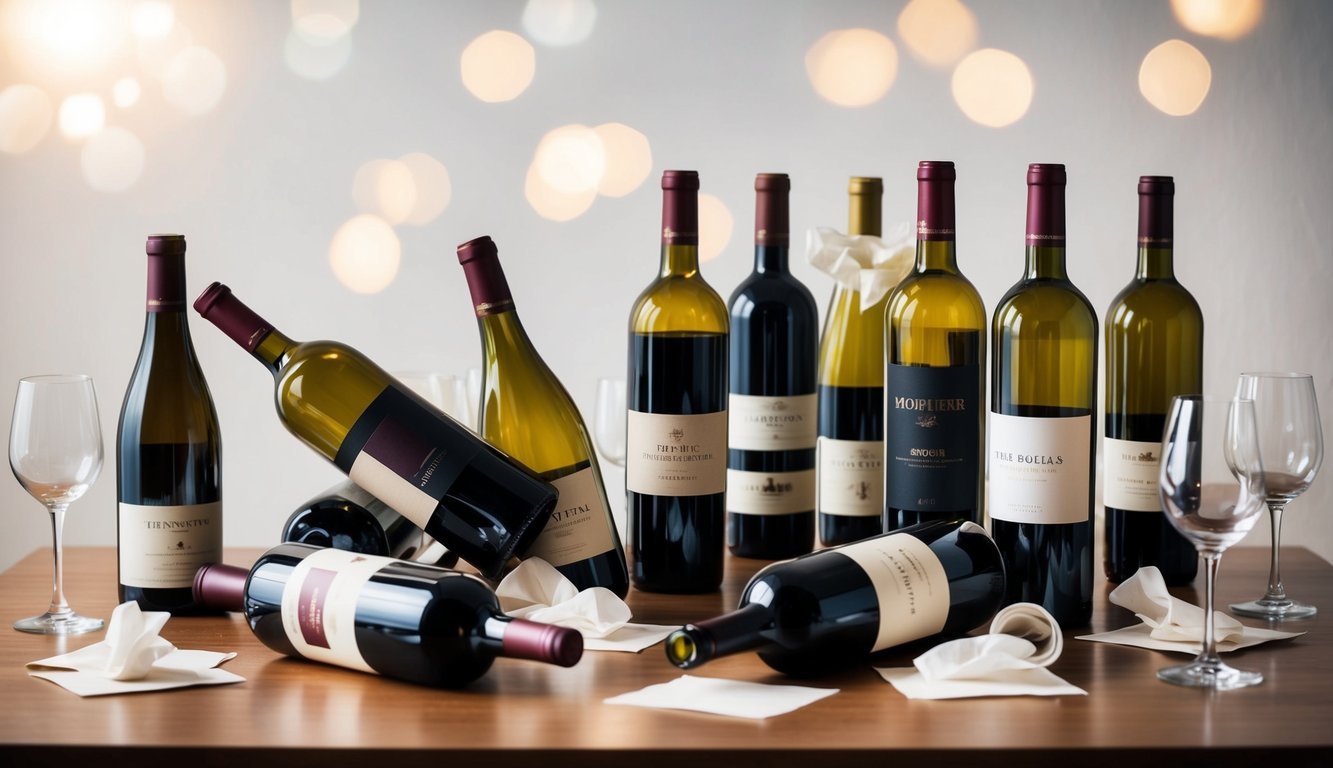 A table with 10 wine bottles, some tipped over, others standing upright, surrounded by scattered wine glasses and tissues