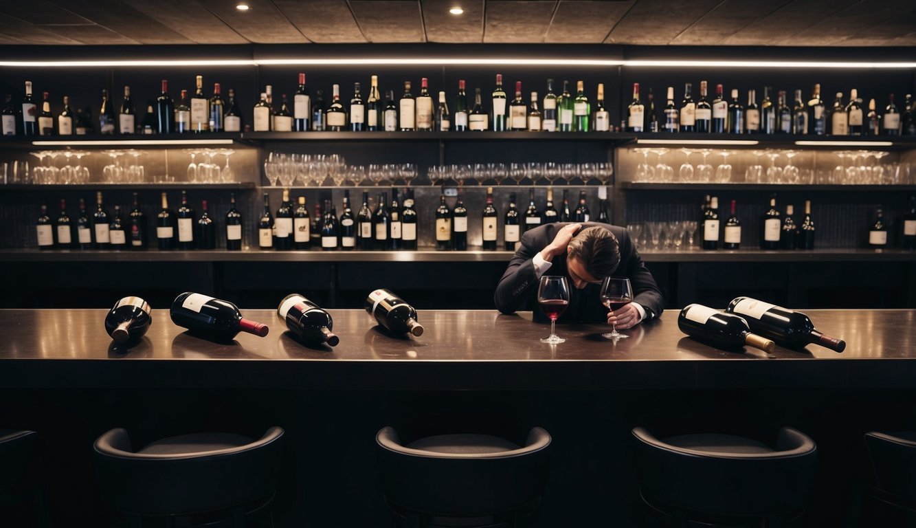 A dimly lit bar with empty wine bottles scattered on the counter, a somber atmosphere, and a lone figure slumped over a glass of red wine