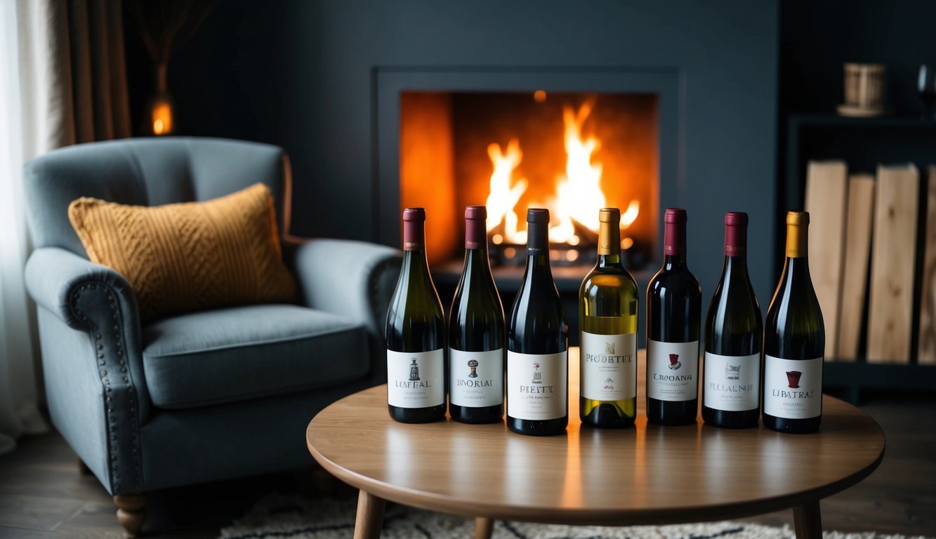 A dimly lit room with a cozy armchair, a crackling fireplace, and a table set with 10 bottles of wine, each with a different expression on their labels