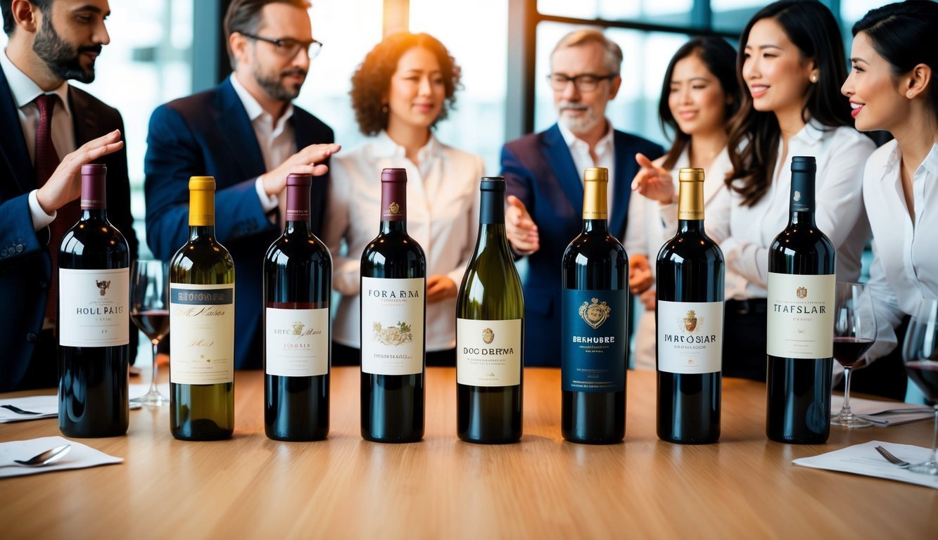 People around a table with a selection of wine bottles