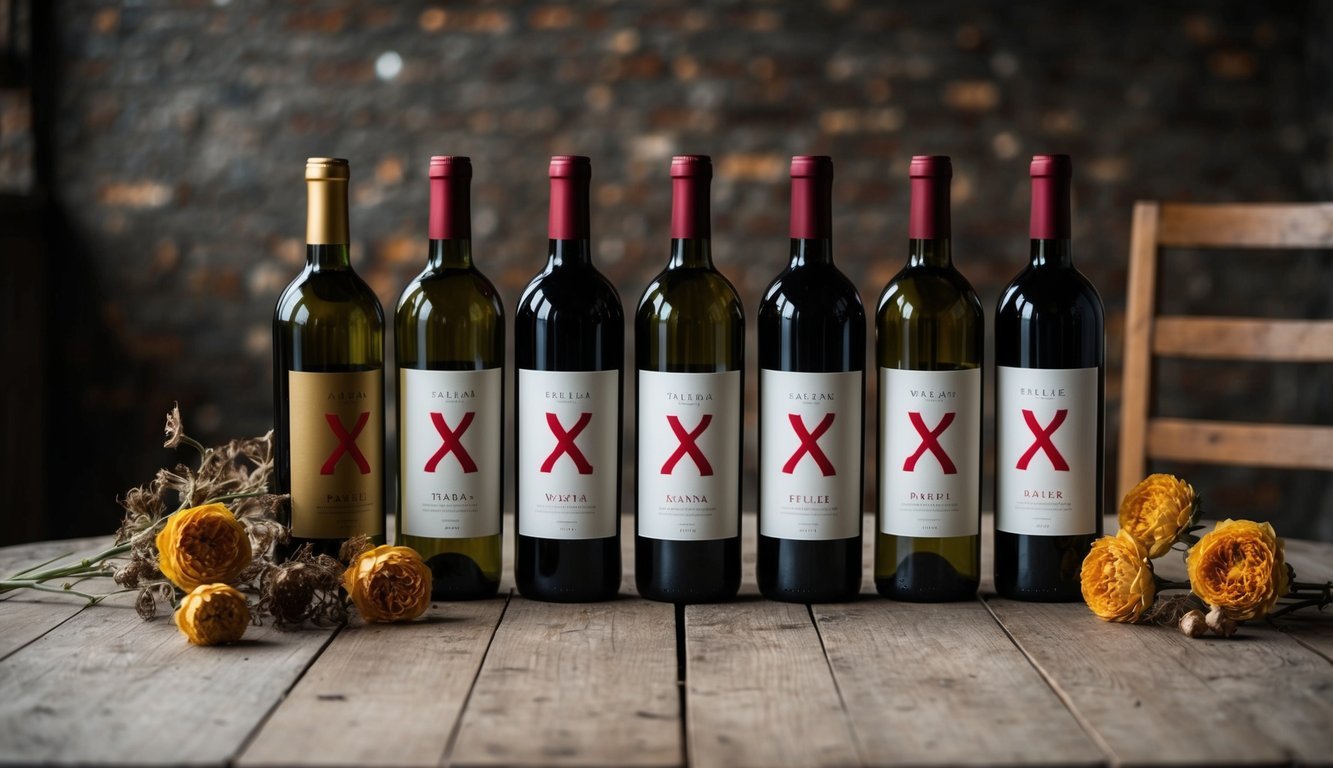 A table set with 8 bottles of wine, each labeled with a red X, surrounded by wilted flowers and a single empty chair