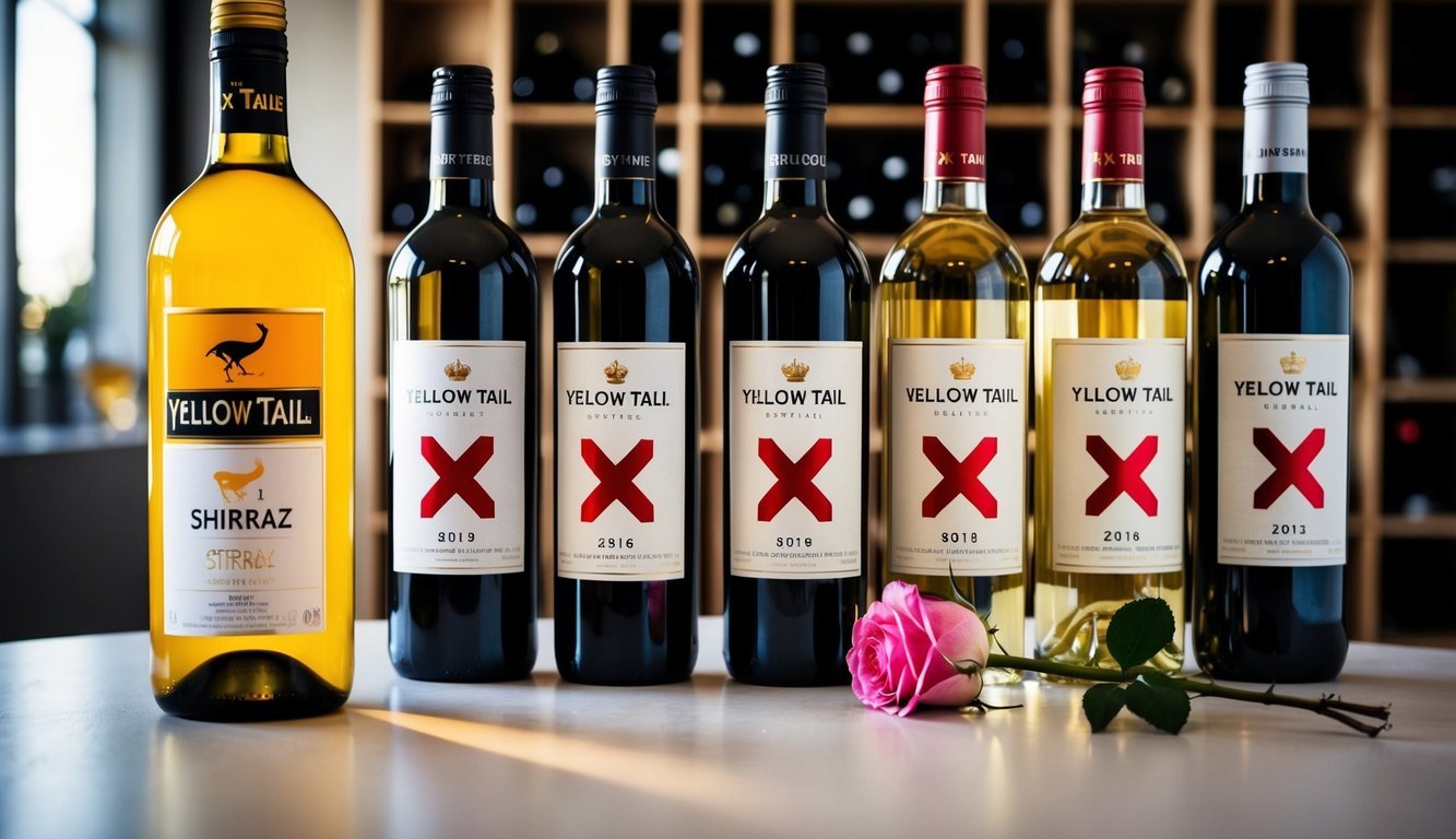 A table set with a bottle of Yellow Tail Shiraz and seven other wine bottles, each labeled with a red "X." A single rose sits beside the bottles