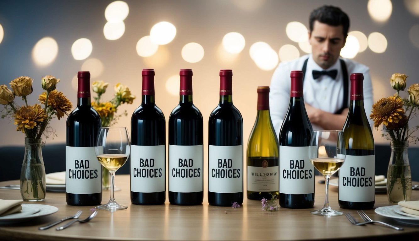 A table set for a first date with 8 bottles of wine, all labeled as "bad choices," surrounded by wilted flowers and a disappointed-looking waiter