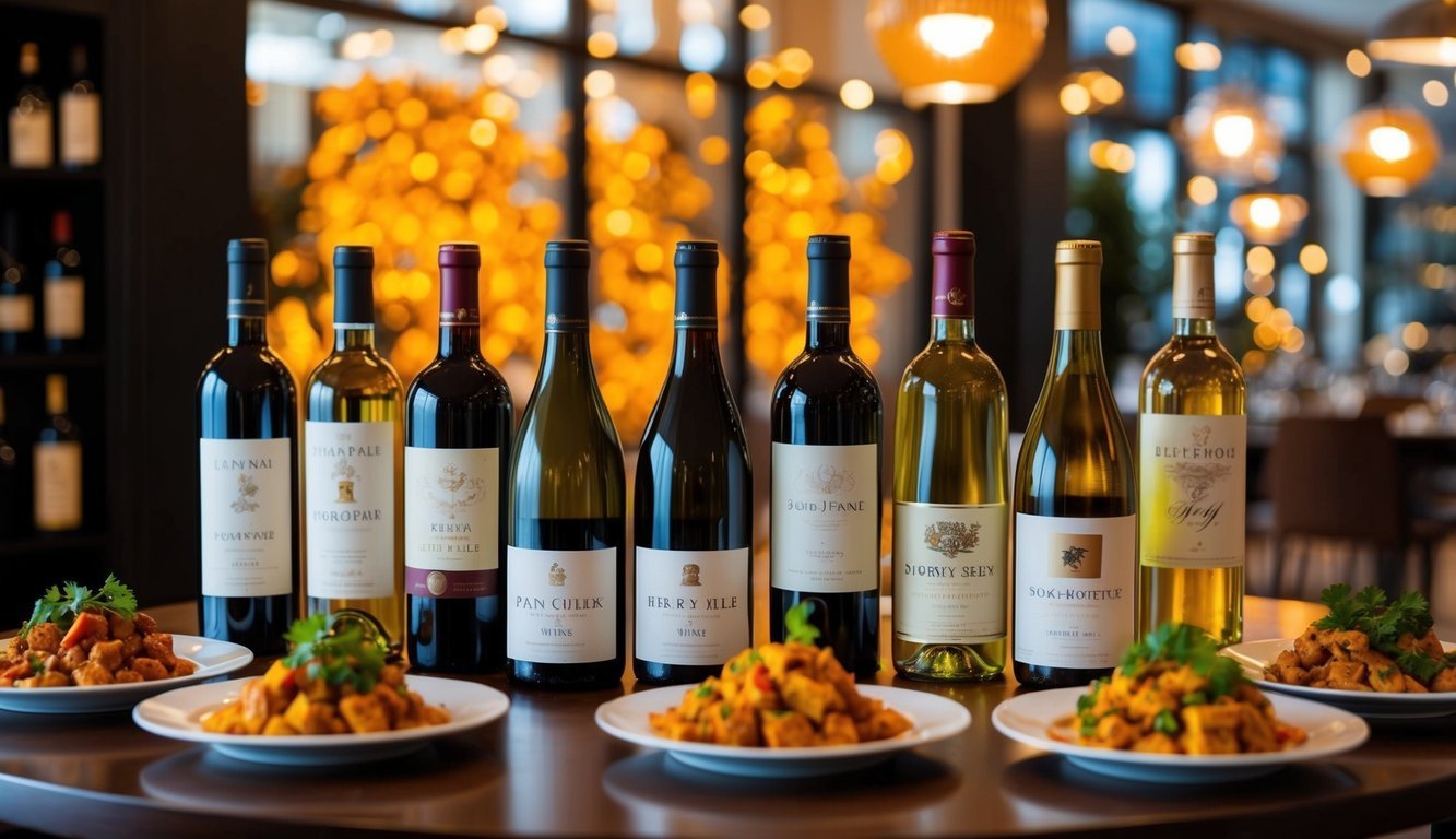 Bottles of wine and plates of food on a table in a restaurant