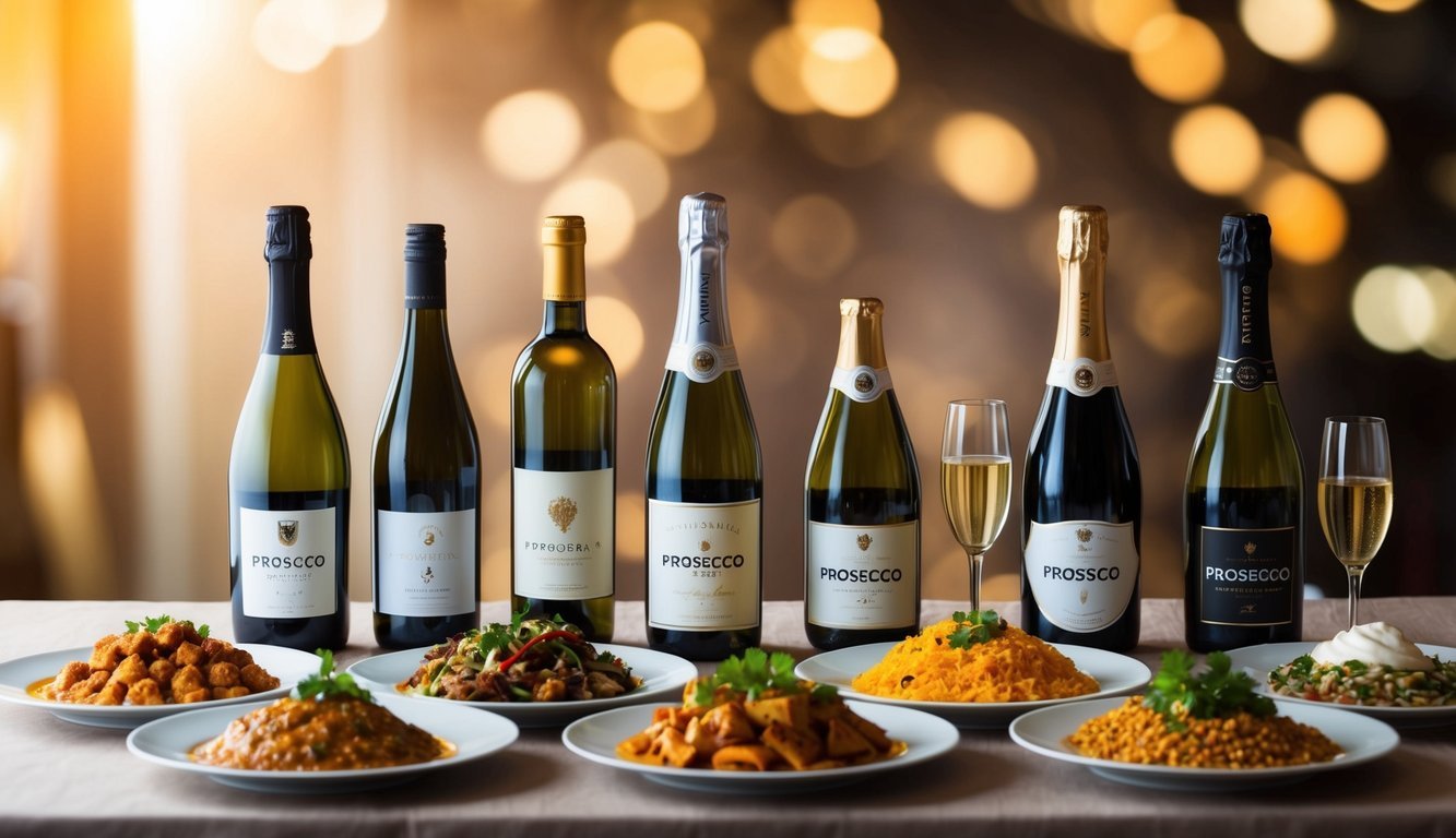 A table set with a variety of spicy dishes and 7 different bottles of wine, including Prosecco, arranged in a visually appealing display