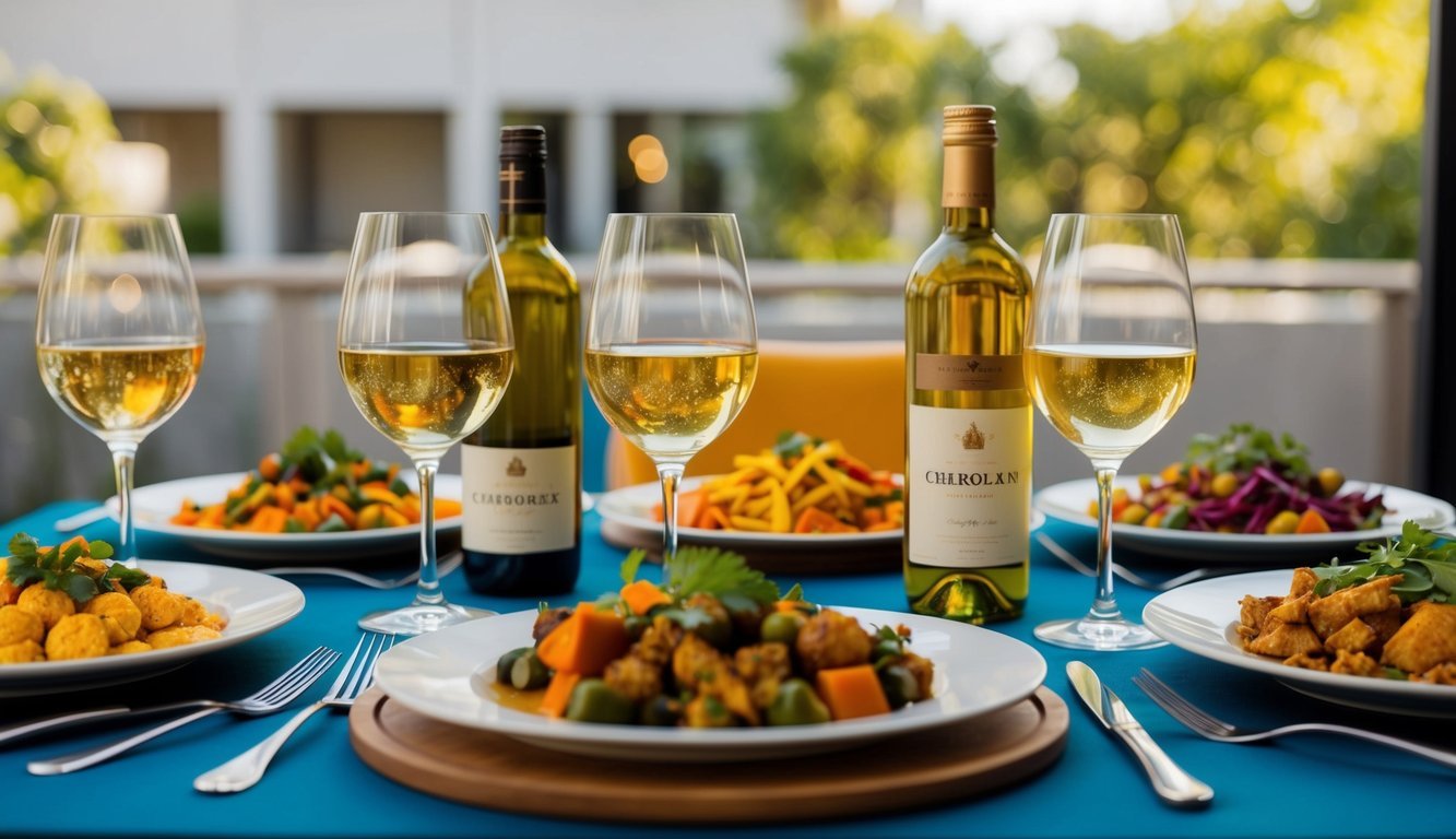 A table set with an array of vibrant, spicy dishes alongside glasses of Chardonnay (with oak) and other unexpected wines