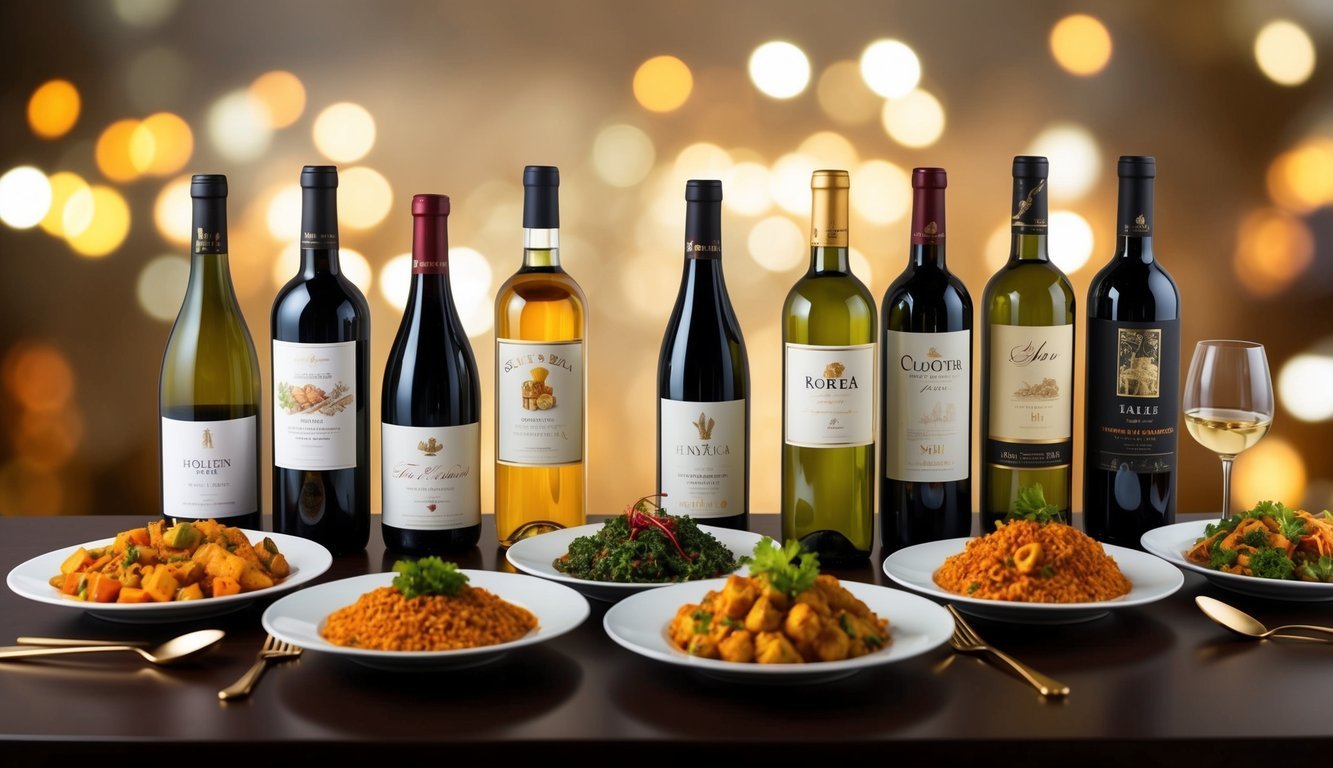 A table set with various spicy dishes and seven different wine bottles, each with a unique label, arranged in a visually appealing composition