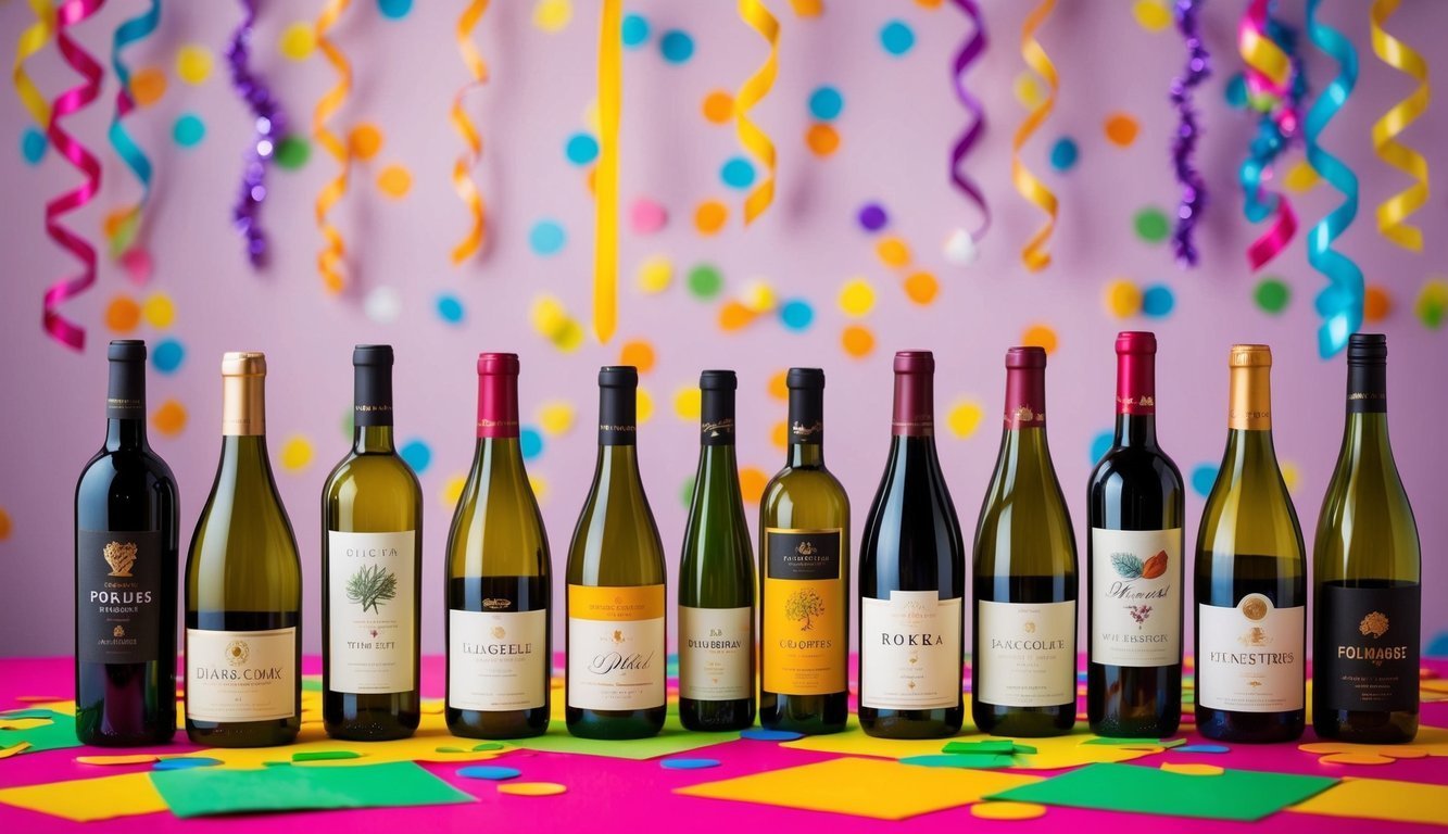 Row of wine bottles on a table with colorful party decorations