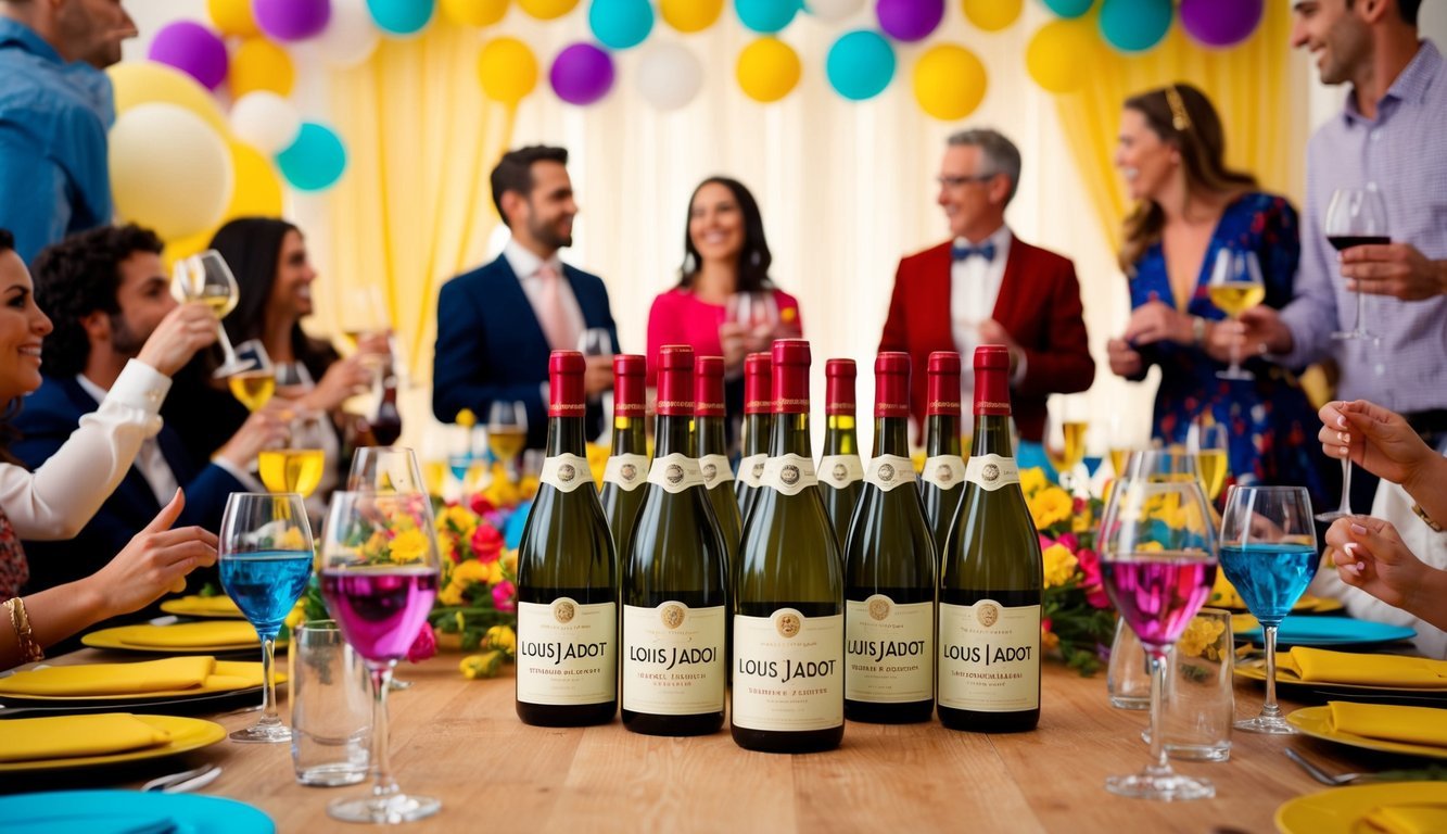 A festive table with 10 bottles of Louis Jadot Beaujolais-Villages wine, surrounded by colorful party decorations and lively conversation